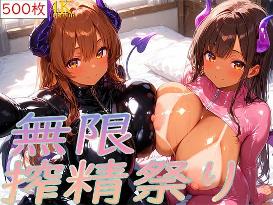 無限搾精祭り｜こむぎの同人マンガをレビュー（ジャンル：巨乳 中出し フェラ ぶっかけ おっぱい 褐色・日焼け 着衣 男性向け 成人向け サキュバス/淫魔 ロングヘア 種付けプレス）／／ジャンル： 同人マンガ表紙画像